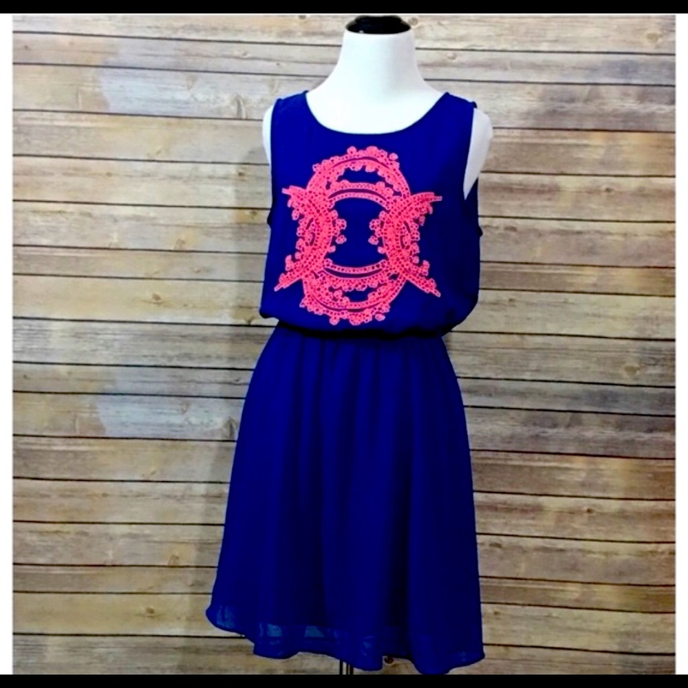 EIC! Umgee Sleeveless Embroidered Dress - Blue/Pink - M